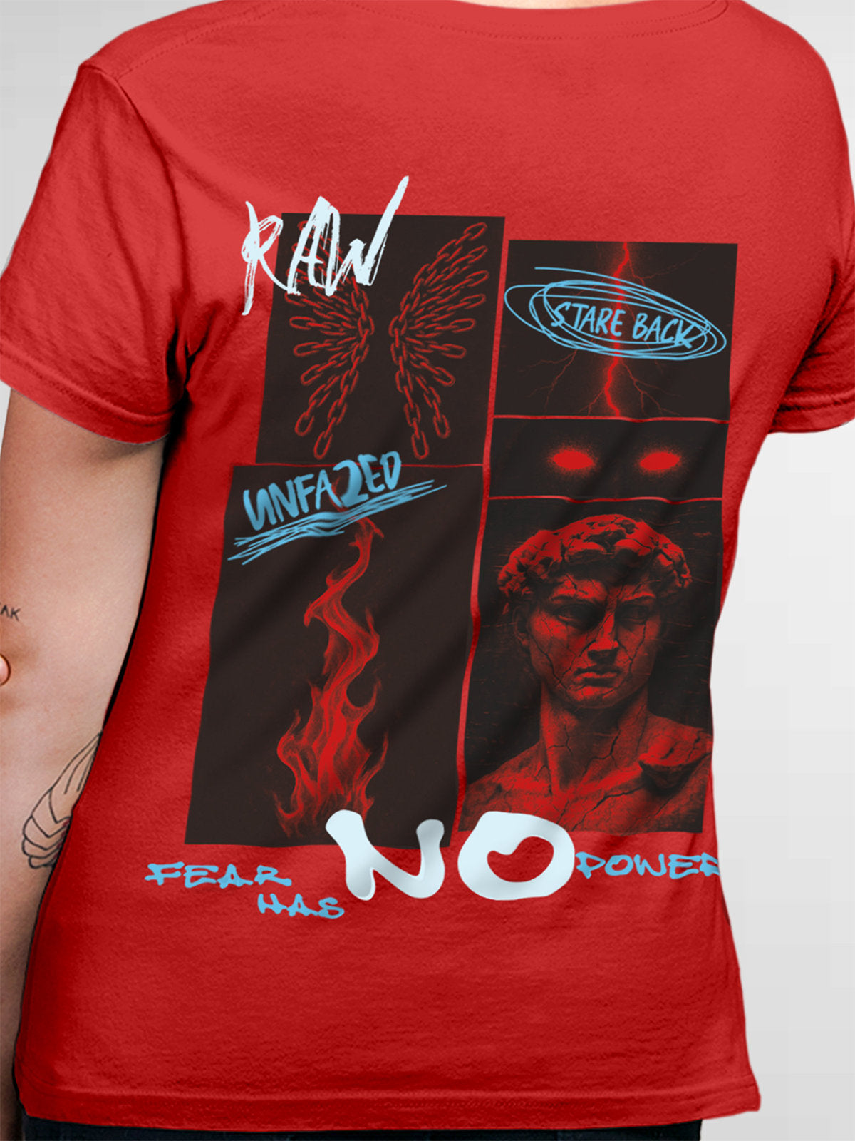 Close up of 'Face The Fear' design on Women's Red Round Neck T-shirt, highlighting intricate details and vibrant print.