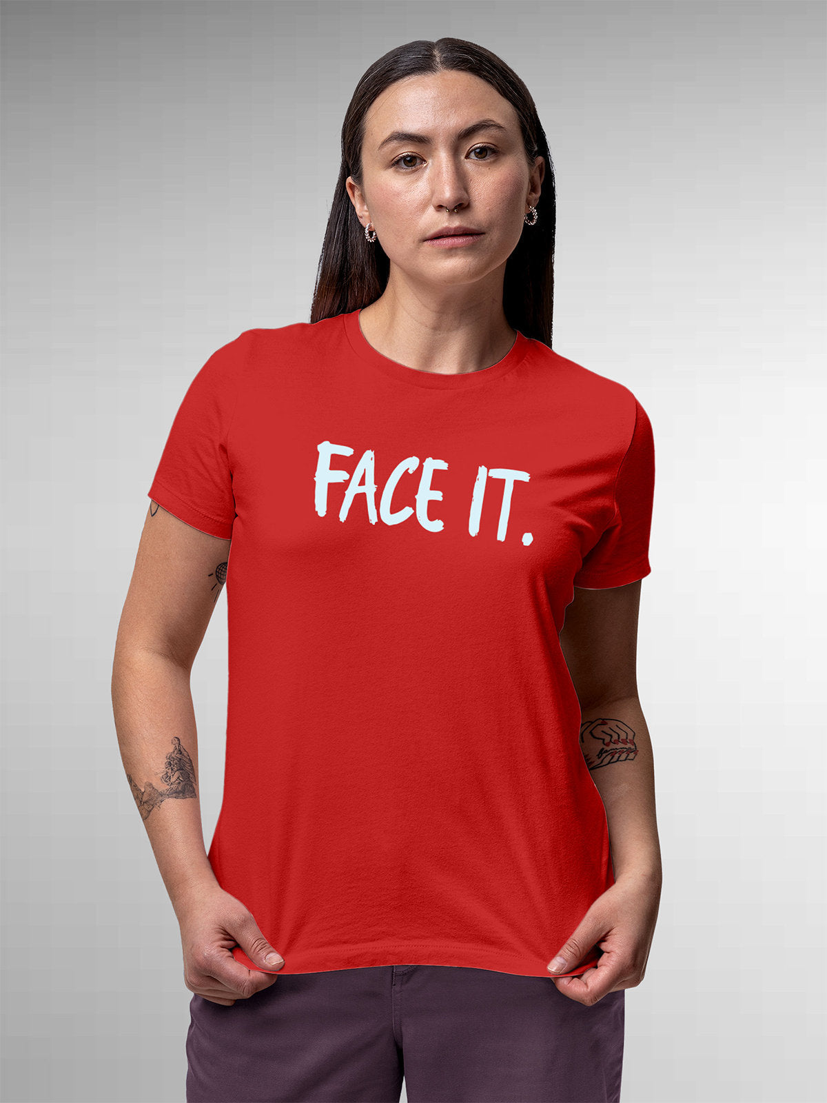 Front view of Fighterhero Women's Red Round Neck T-shirt, highlighting the motivational design printed on the chest.