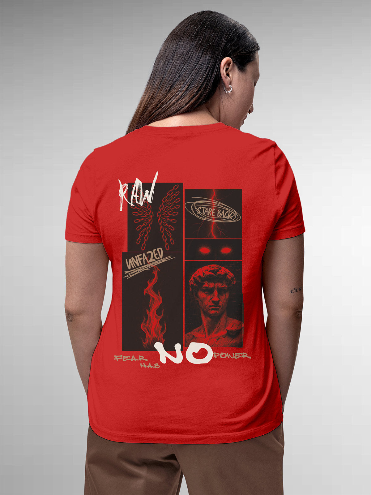 Model wearing Women's Red Round Neck T-shirt with 'Face The Fear' design, offering effortless style and premium comfort