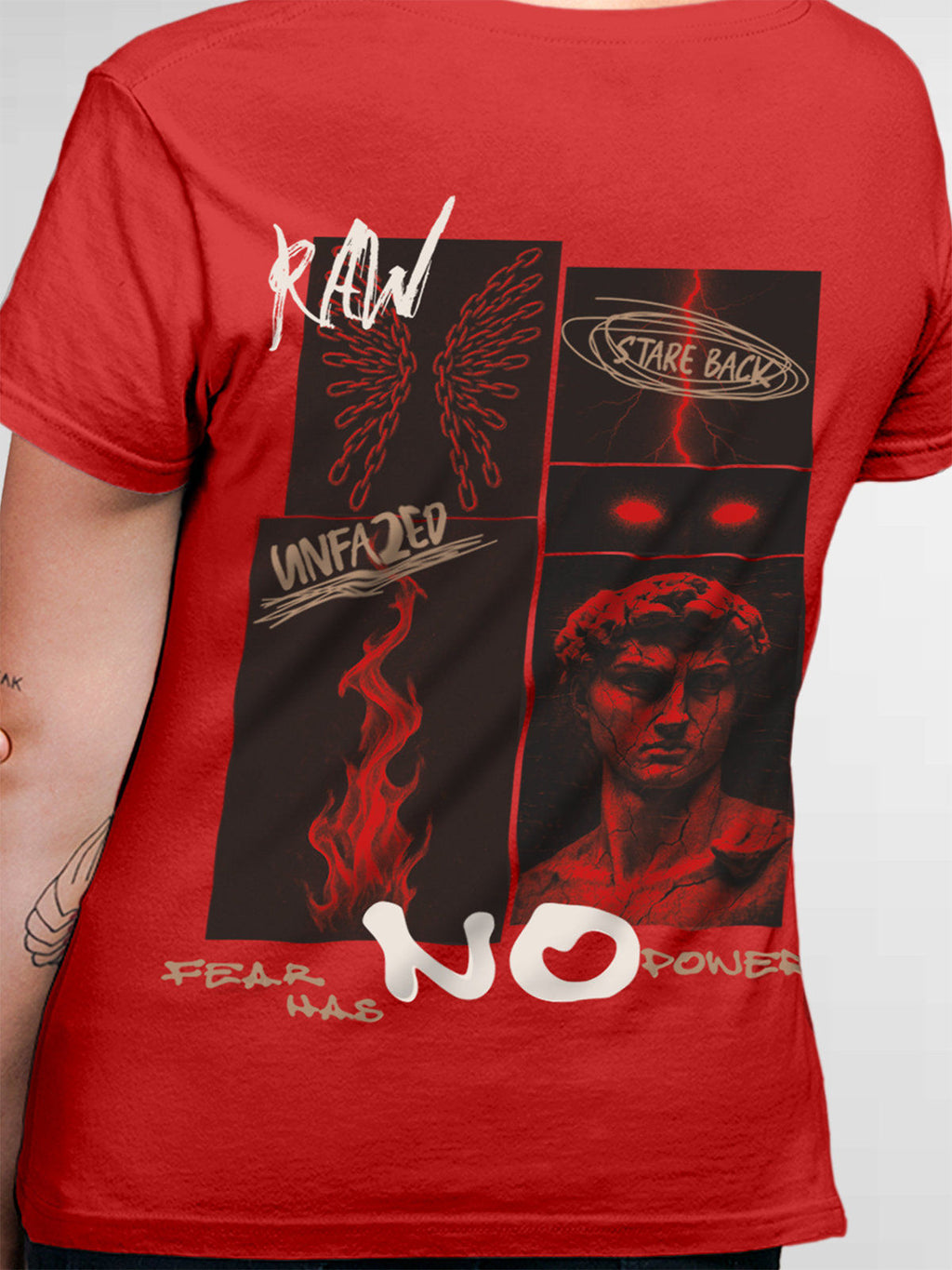Close up of 'Face The Fear' design on Women's Red Round Neck T-shirt, highlighting intricate details and vibrant print.
