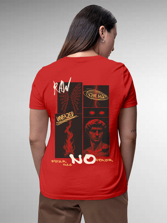 Fighterhero T-shirts: Model wearing Women's Red Round Neck T-shirt with 'Face The Fear' design