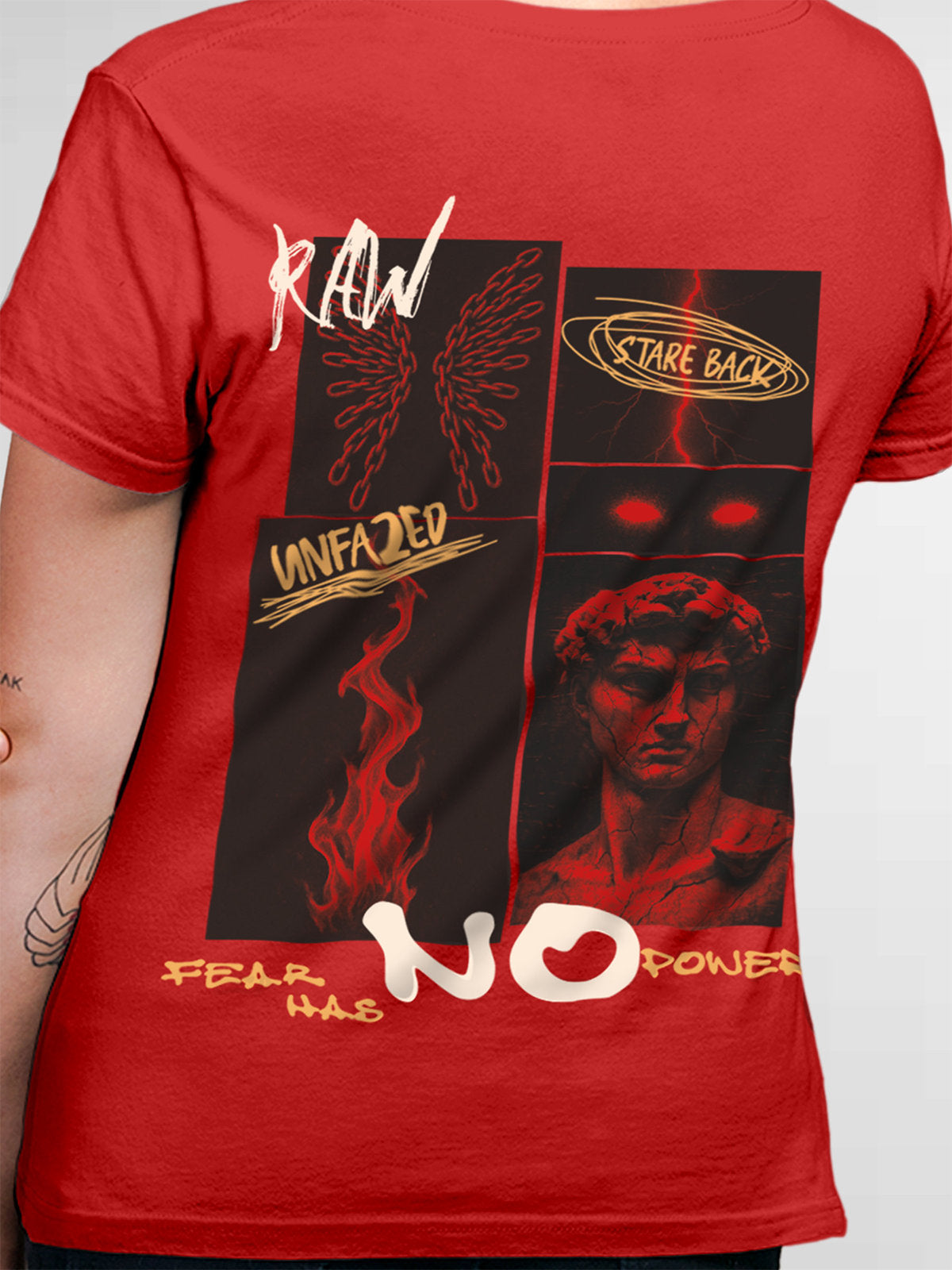 Close up of 'Face The Fear' design on Women's Red Round Neck T-shirt, highlighting intricate details and vibrant print.