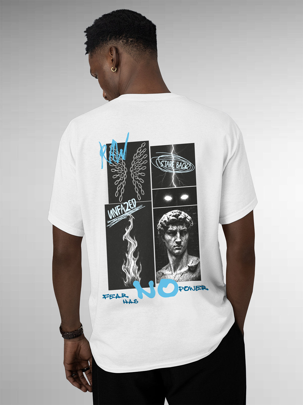 Model wearing Men's White Round Neck T-shirt with 'Face The Fear' design, offering effortless style and premium comfort