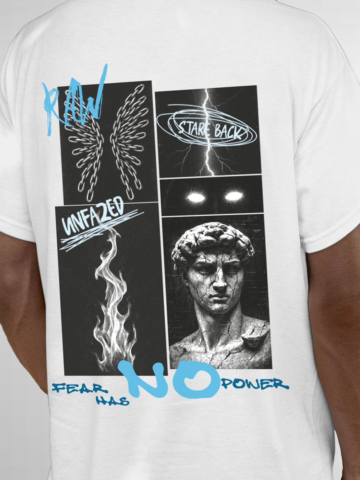Close up of 'Face The Fear' design on Men's White Round Neck T-shirt, highlighting intricate details and vibrant print.