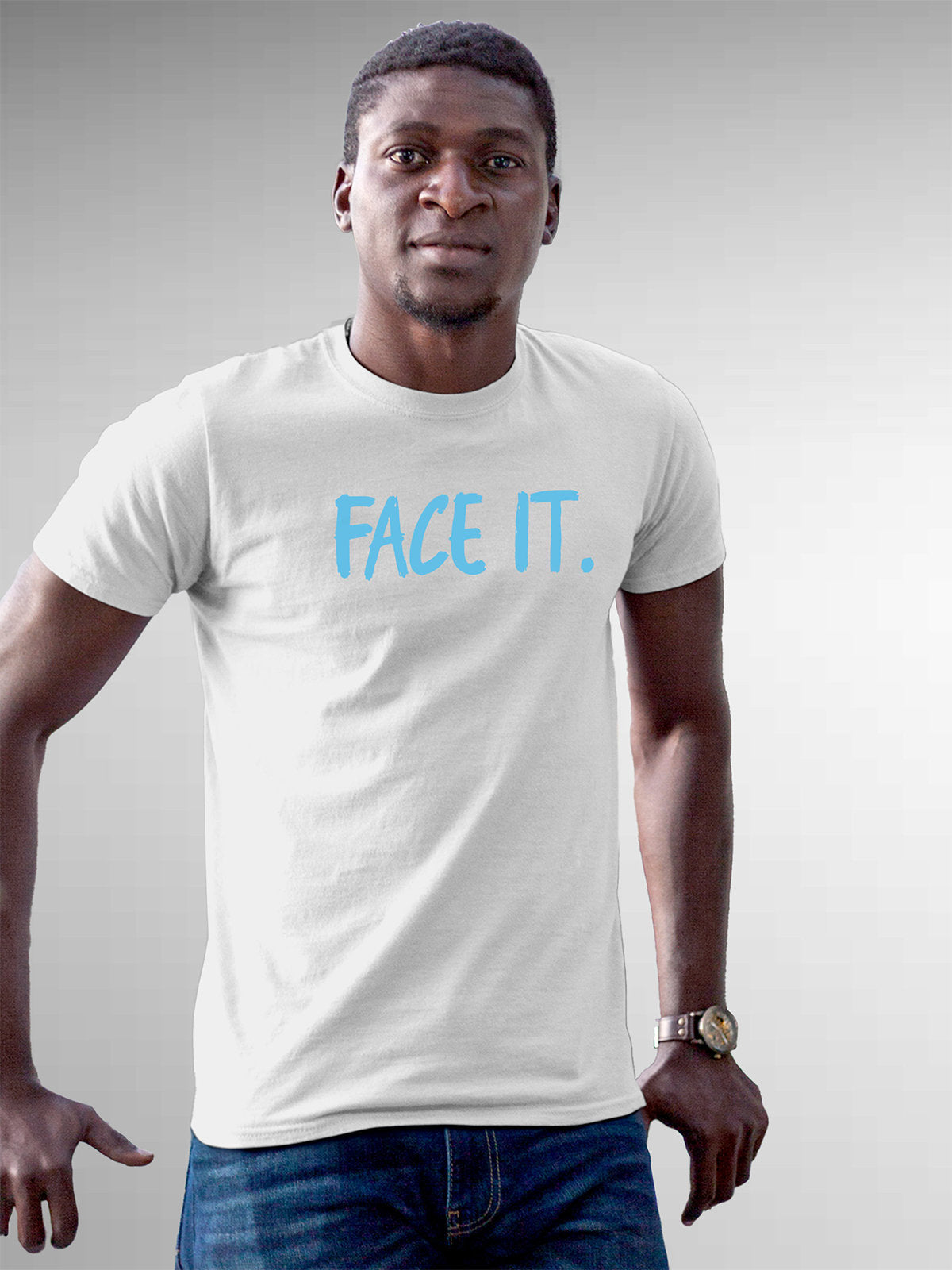 Front view of Fighterhero Men's White Round Neck T-shirt, highlighting the motivational design printed on the chest.