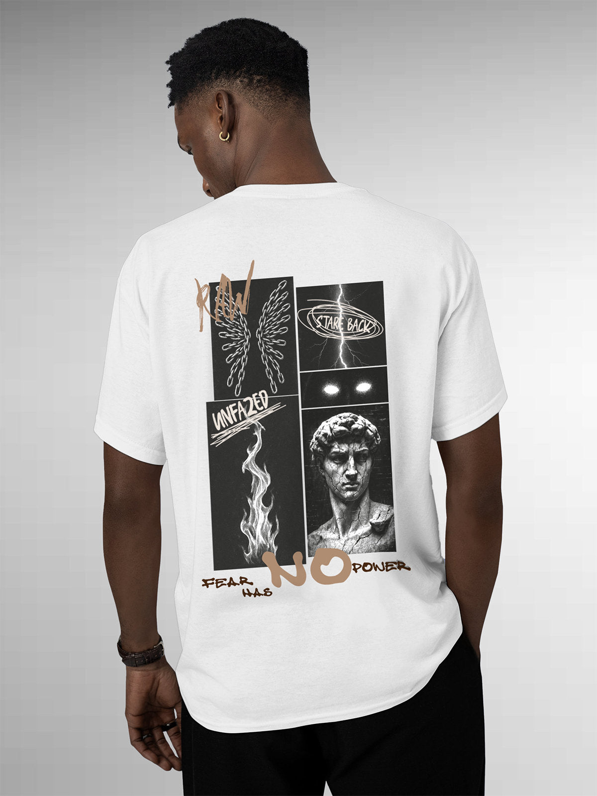 Model wearing Men's White Round Neck T-shirt with 'Face The Fear' design, offering effortless style and premium comfort