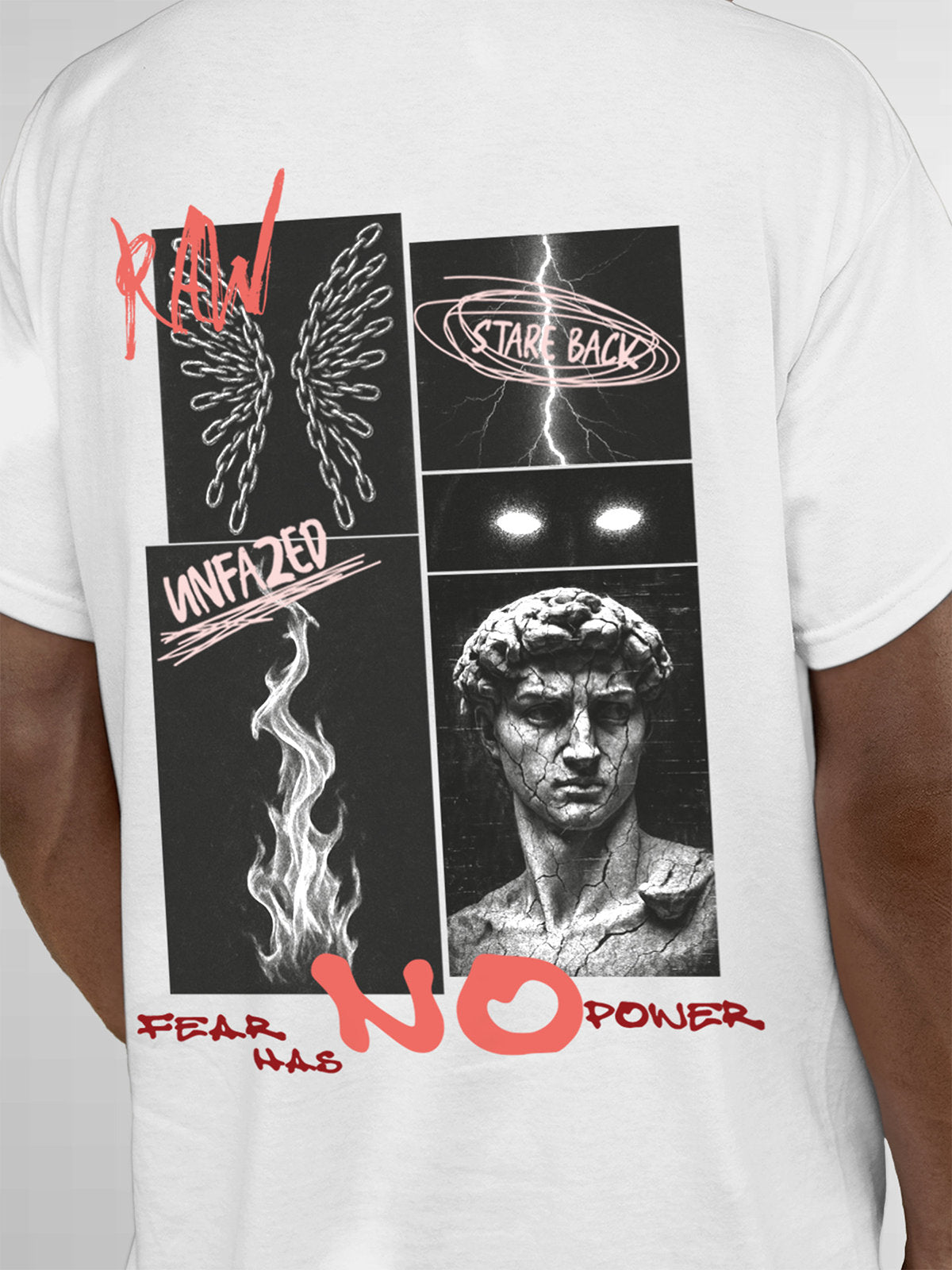 Close up of 'Face The Fear' design on Men's White Round Neck T-shirt, highlighting intricate details and vibrant print.