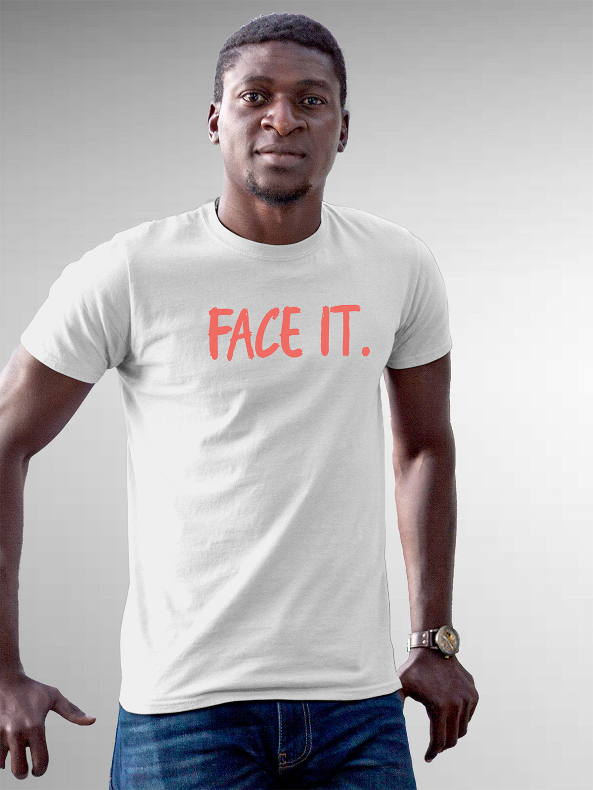 Front view of Fighterhero Men's White Round Neck T-shirt, highlighting the motivational design printed on the chest.