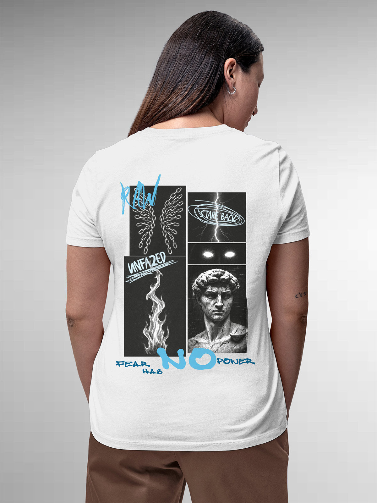 Model wearing Women's White Round Neck T-shirt with 'Face The Fear' design, offering effortless style and premium comfort