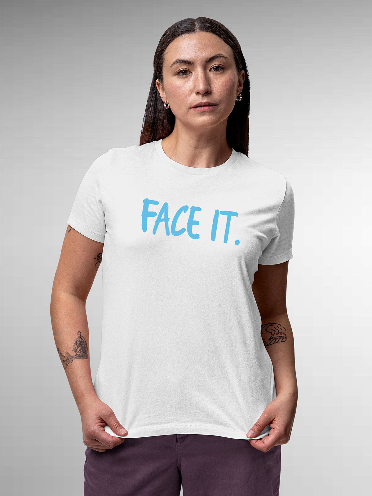 Front view of Fighterhero Women's White Round Neck T-shirt, highlighting the motivational design printed on the chest.