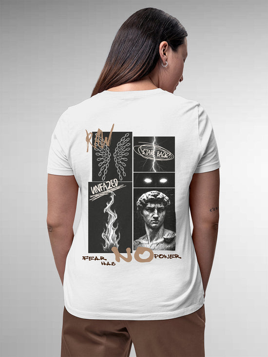 Fighterhero T-shirts: Model wearing Women's White Round Neck T-shirt with 'Face The Fear' design
