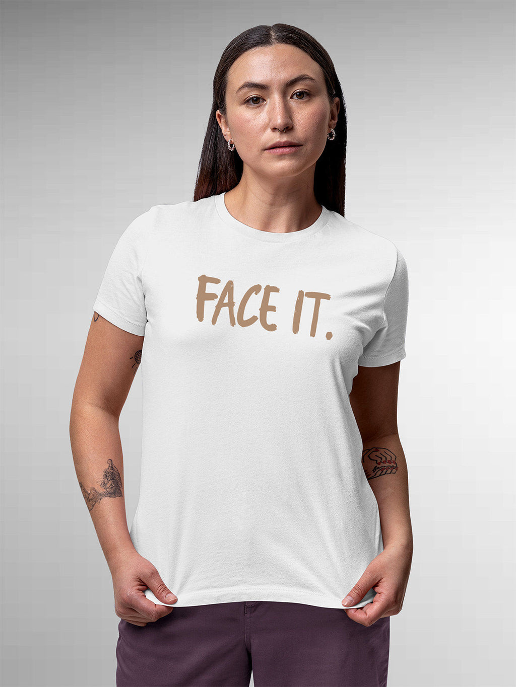 Front view of Fighterhero Women's White Round Neck T-shirt, highlighting the 'broken chains' design on the chest.