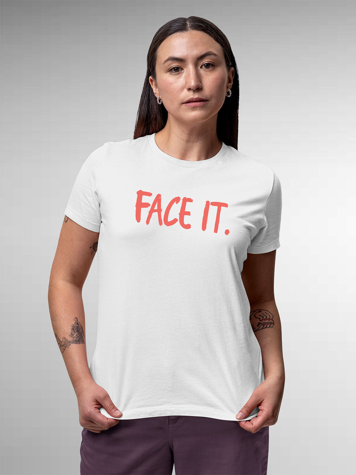 Front view of Fighterhero Women's White Round Neck T-shirt, highlighting the motivational design printed on the chest.