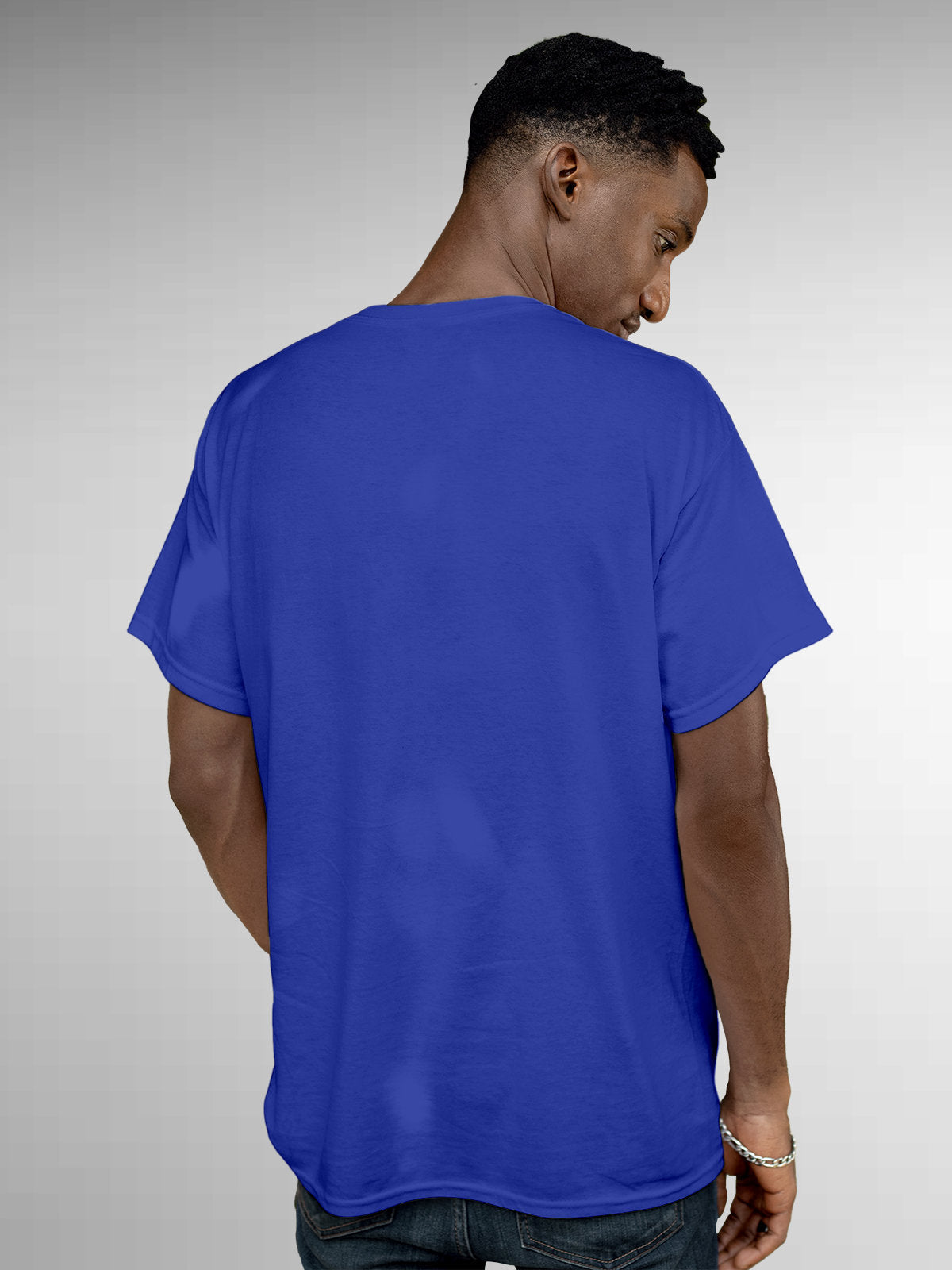 Back view of Fighterhero Men's Blue Round Neck T-shirt, highlighting the modern look and clean finish