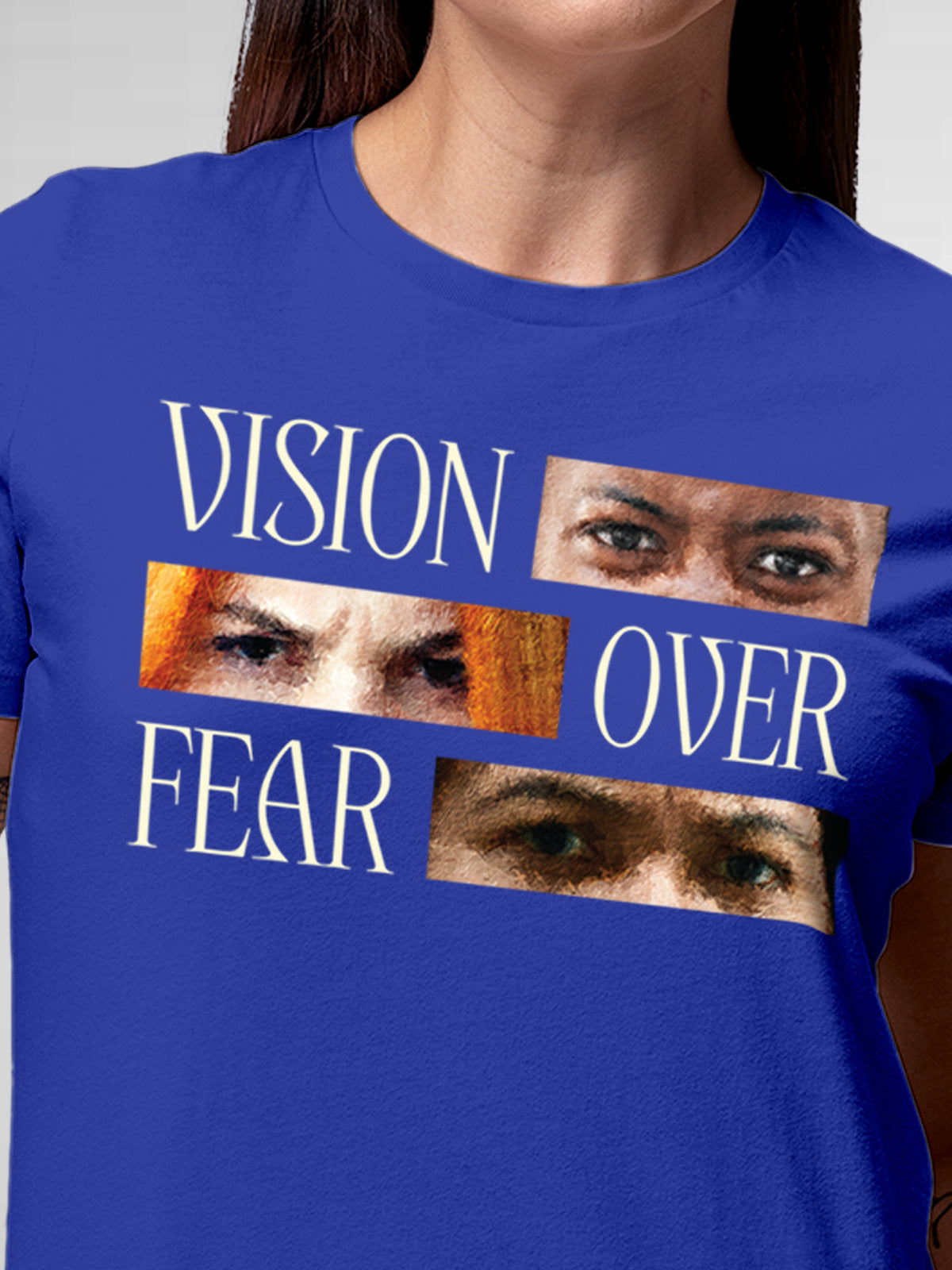 Close up of 'Vision Over Fear' design on Women's Blue Round Neck T-shirt, highlighting intricate details and vibrant print.