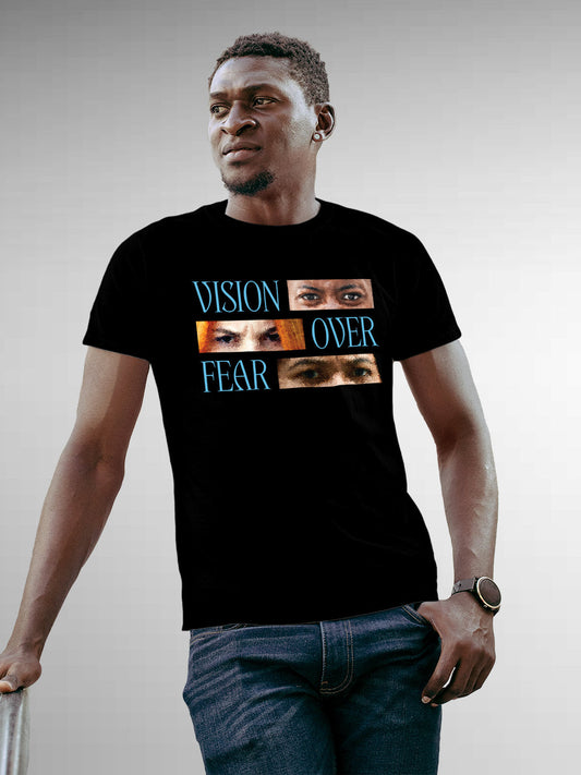 Fighterhero T-shirts: Model wearing Men's Black Round Neck T-shirt with 'Vision Over Fear' design