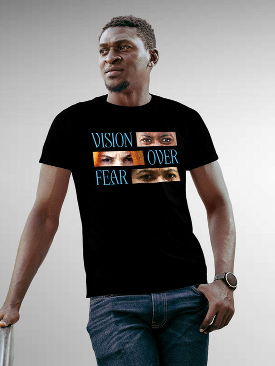 Fighterhero T-shirts: Model wearing Men's Black Round Neck T-shirt with 'Vision Over Fear' design