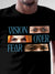 Close up of 'Vision Over Fear' design on Men's Black Round Neck T-shirt, highlighting intricate details and vibrant print.