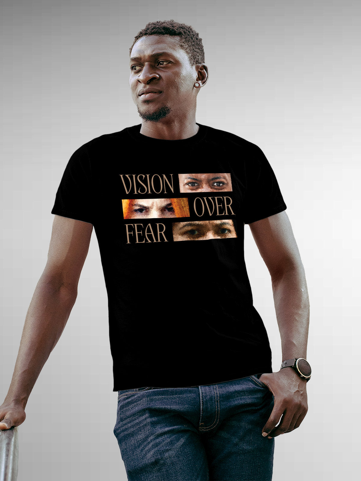 Model wearing Men's Black Round Neck T-shirt with 'Vision Over Fear' design, offering effortless style and premium comfort