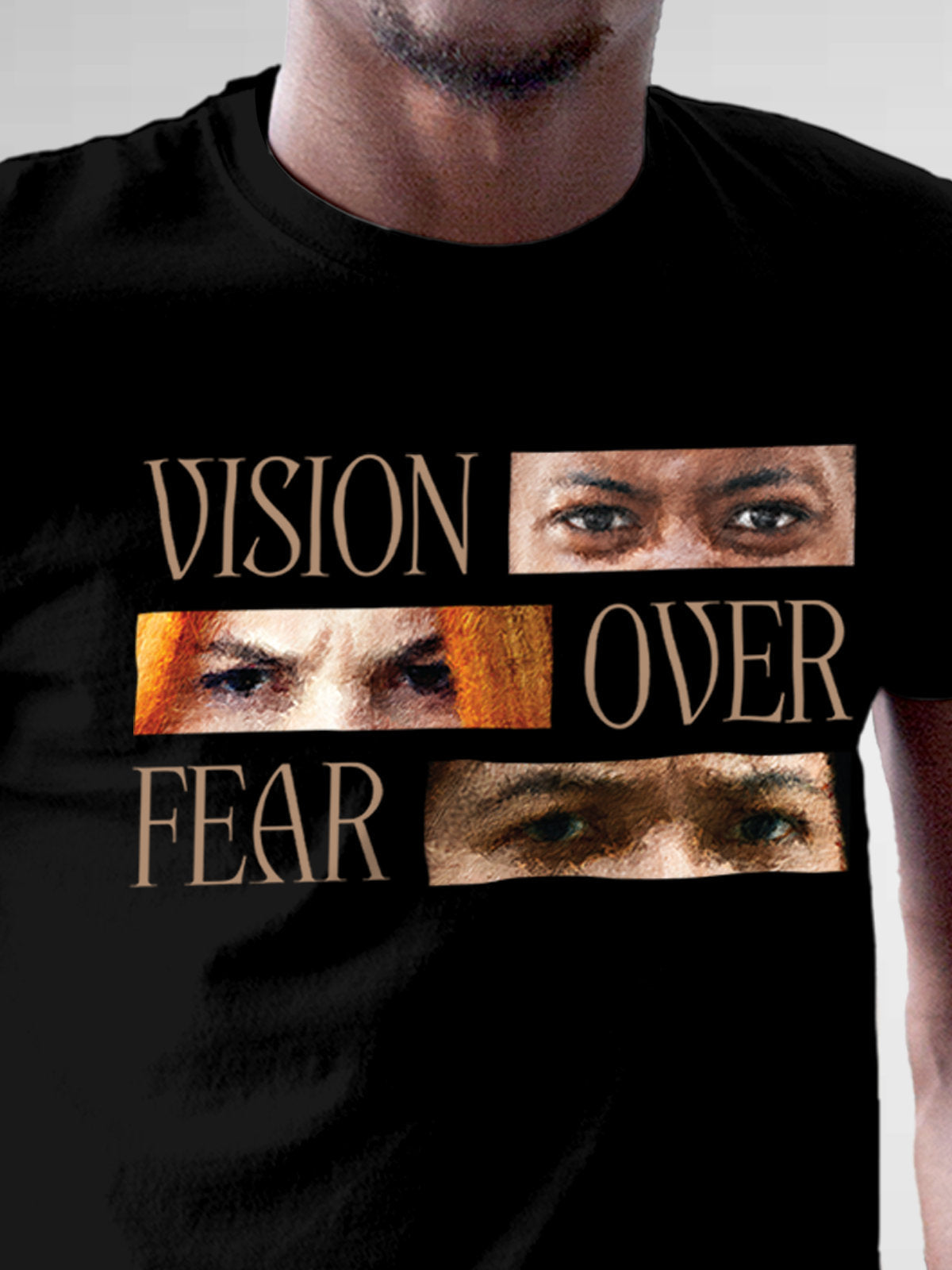 Close up of 'Vision Over Fear' design on Men's Black Round Neck T-shirt, highlighting intricate details and vibrant print.