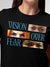 Close up of 'Vision Over Fear' design on Women's Black Round Neck T-shirt, highlighting intricate details and vibrant print.