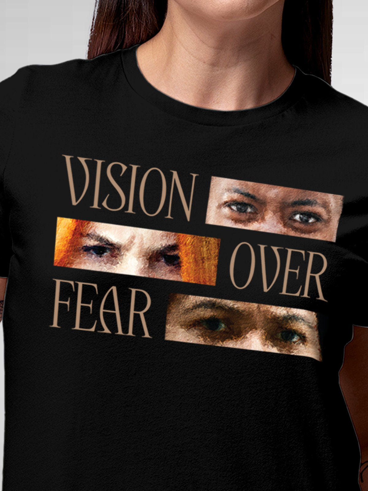 Close up of 'Vision Over Fear' design on Women's Black Round Neck T-shirt, highlighting intricate details and vibrant print.