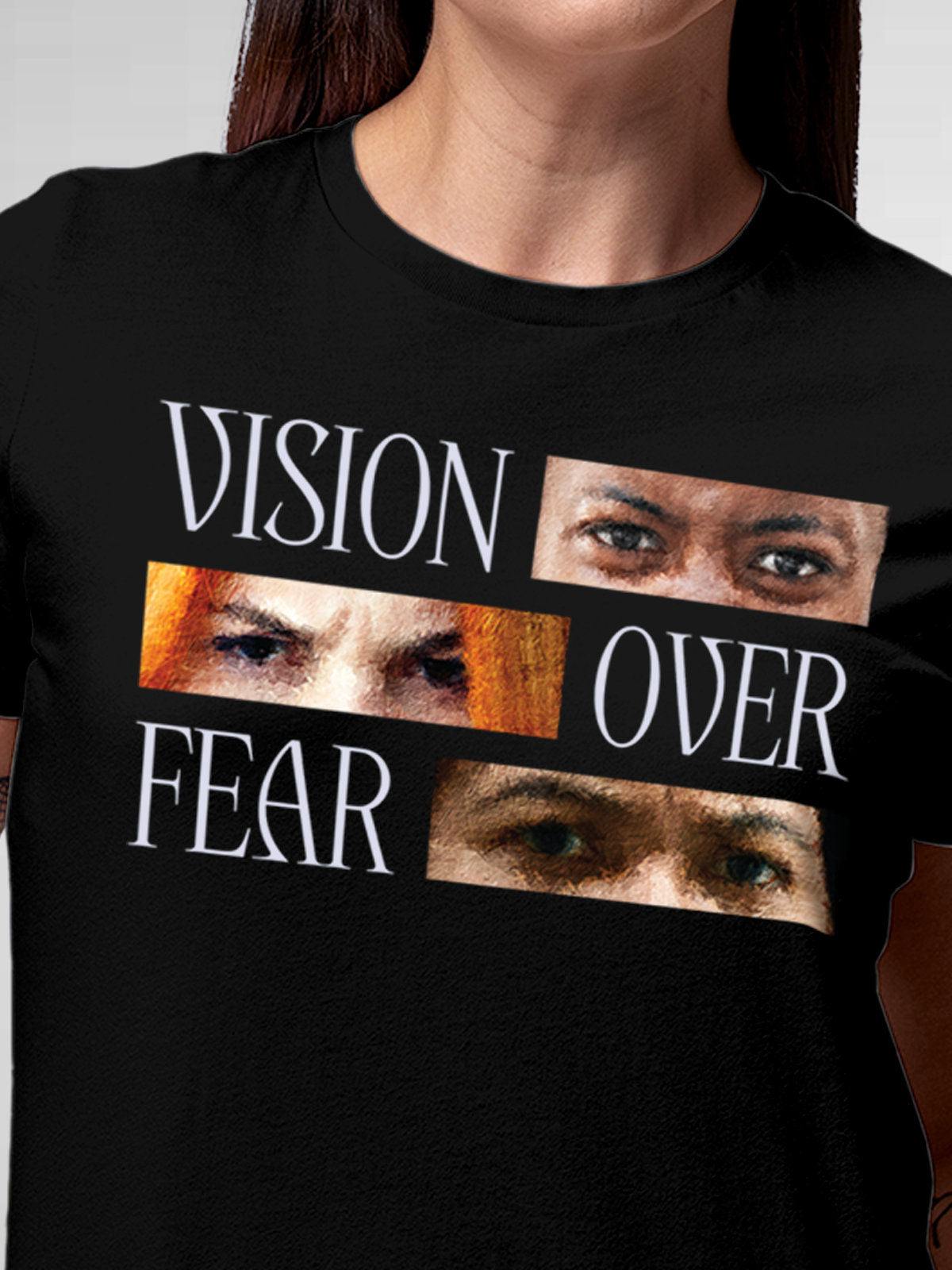Close up of 'Vision Over Fear' design on Women's Black Round Neck T-shirt, highlighting intricate details and vibrant print.