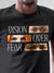 Close up of 'Vision Over Fear' design on Men's Dark Grey Round Neck T-shirt, highlighting intricate details and vibrant print.