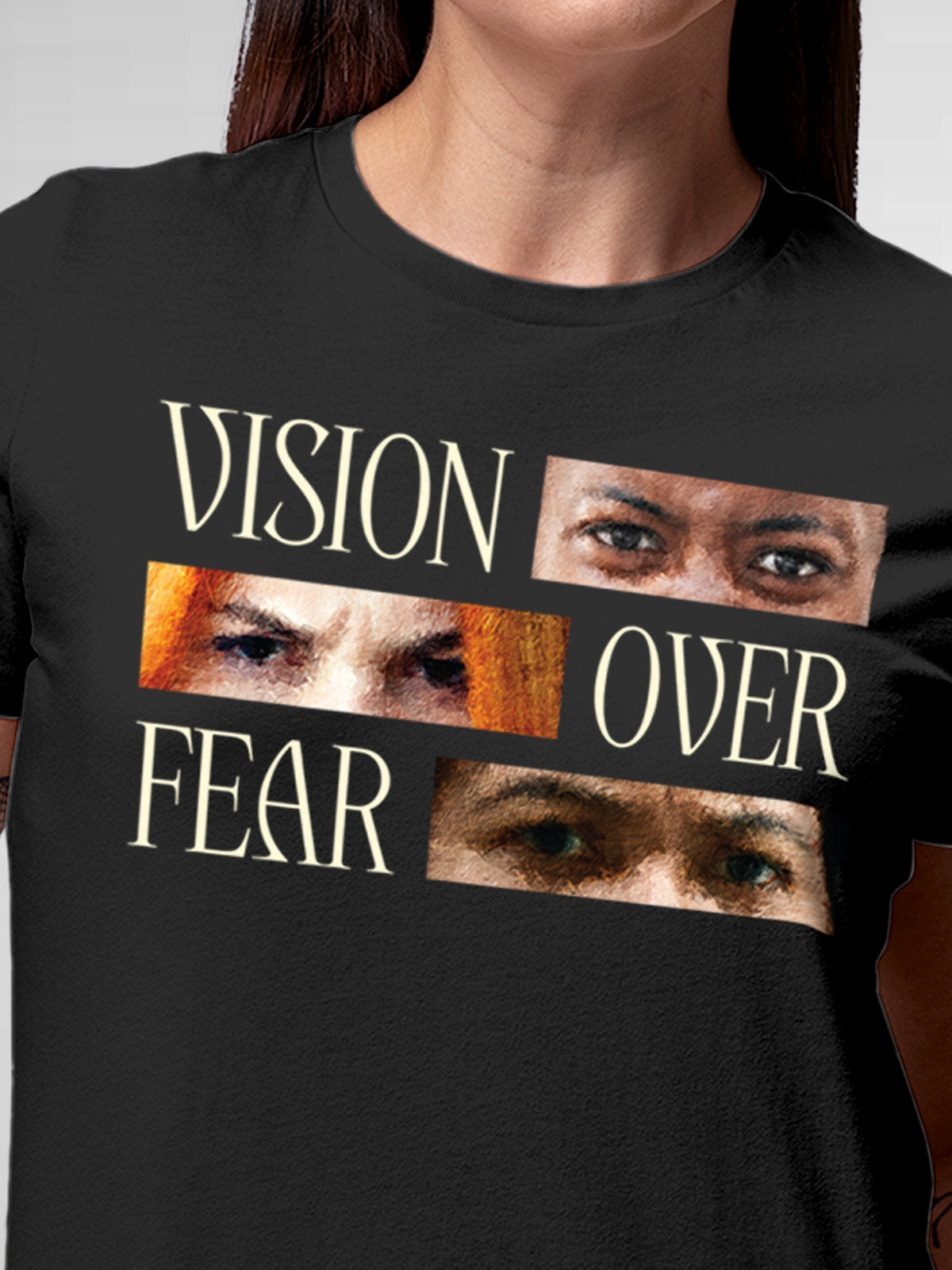 Close up of 'Vision Over Fear' design on Women's Dark Grey Round Neck T-shirt, highlighting intricate details and vibrant print.