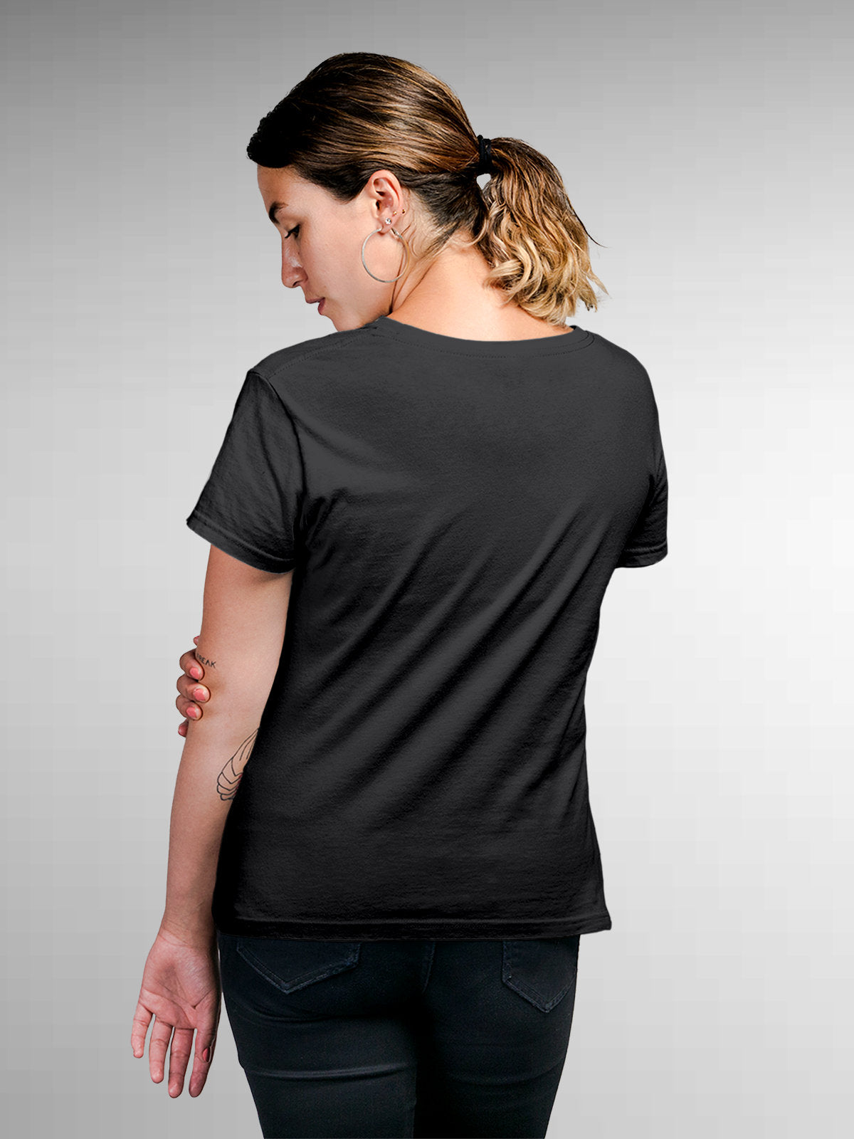 Back view of Fighterhero Women's Dark Grey Round Neck T-shirt, highlighting the modern look and clean finish