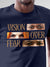 Close up of 'Vision Over Fear' design on Men's Navy Blue Round Neck T-shirt, highlighting intricate details and vibrant print.