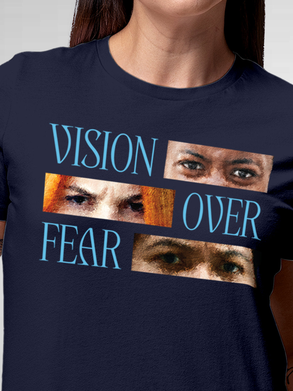 Close up of 'Vision Over Fear' design on Women's Navy Blue Round Neck T-shirt, highlighting intricate details and vibrant print.