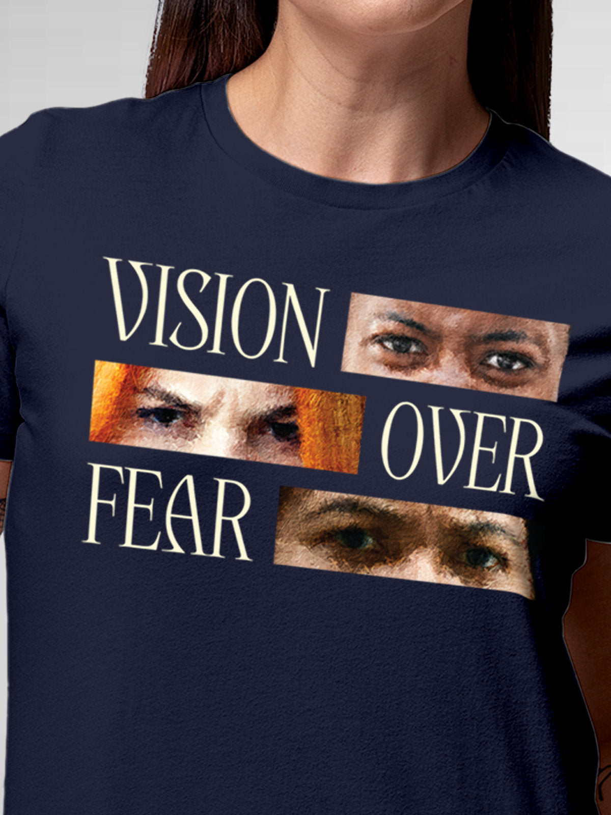 Close up of 'Vision Over Fear' design on Women's Navy Blue Round Neck T-shirt, highlighting intricate details and vibrant print.
