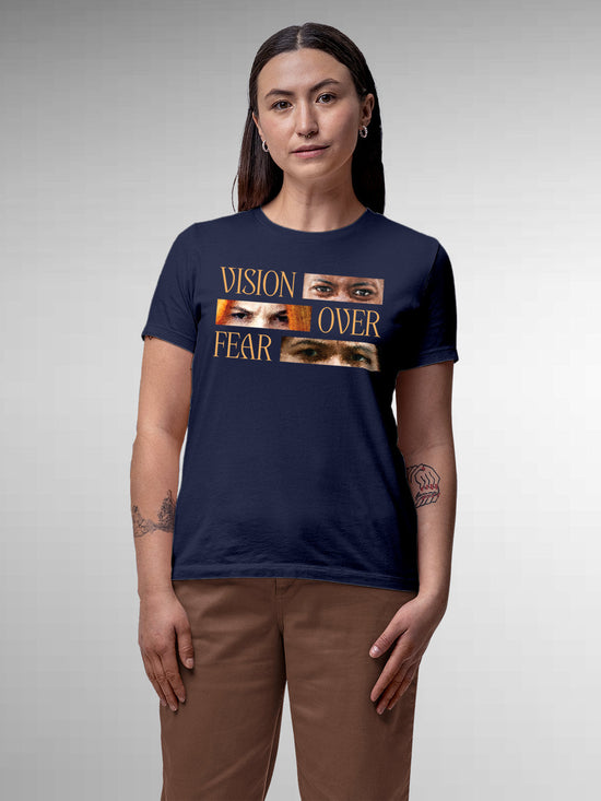 Fighterhero T-shirts: Model wearing Women's Navy Blue Round Neck T-shirt with 'Vision Over Fear' design