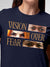 Close up of 'Vision Over Fear' design on Women's Navy Blue Round Neck T-shirt, highlighting intricate details and vibrant print.