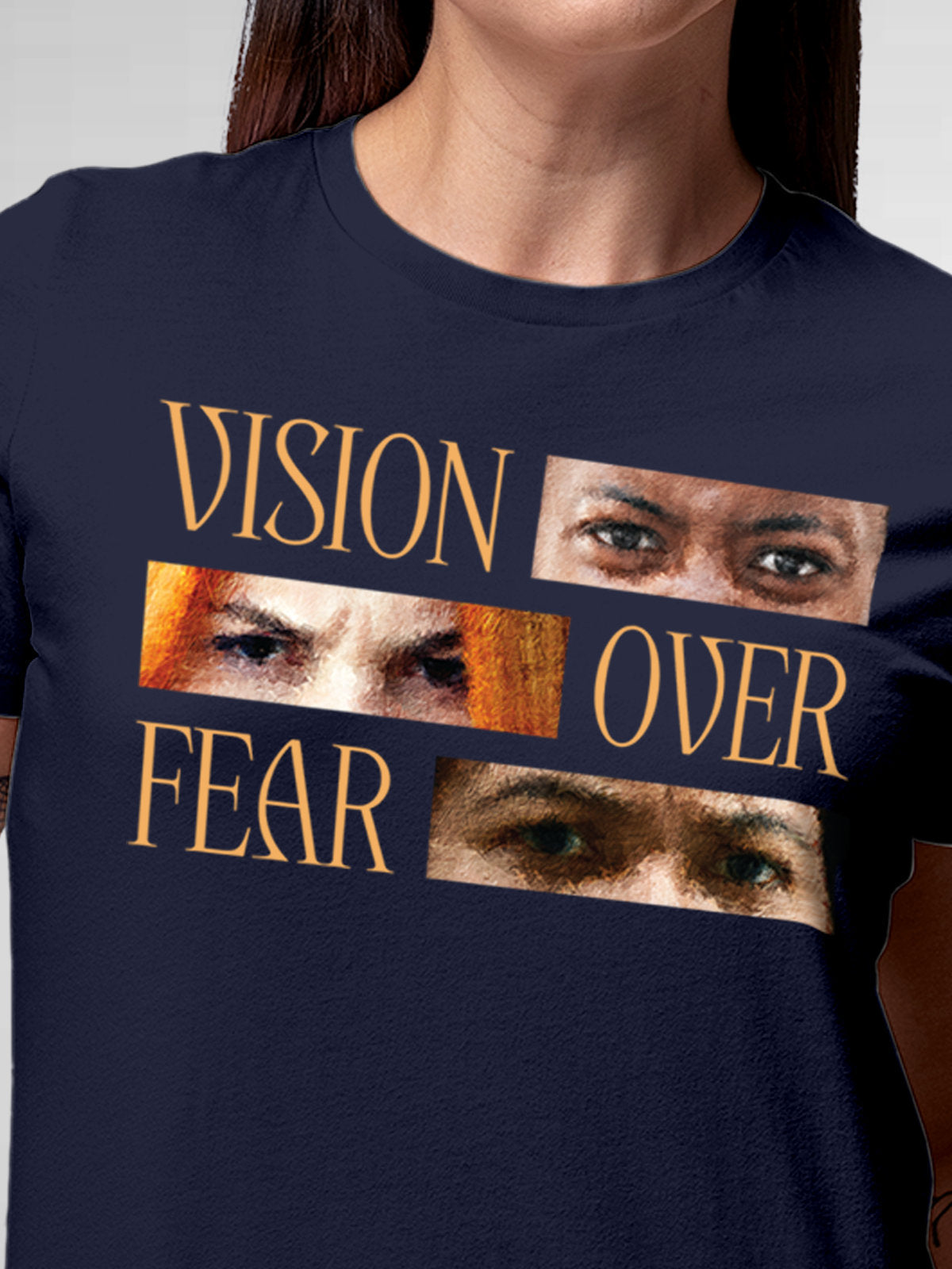Close up of 'Vision Over Fear' design on Women's Navy Blue Round Neck T-shirt, highlighting intricate details and vibrant print.