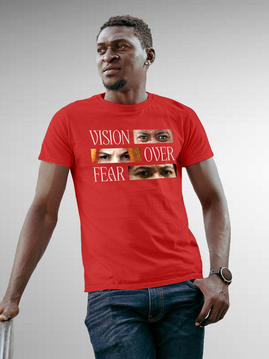 Model wearing Men's Red Round Neck T-shirt with 'Vision Over Fear' design, offering effortless style and premium comfort