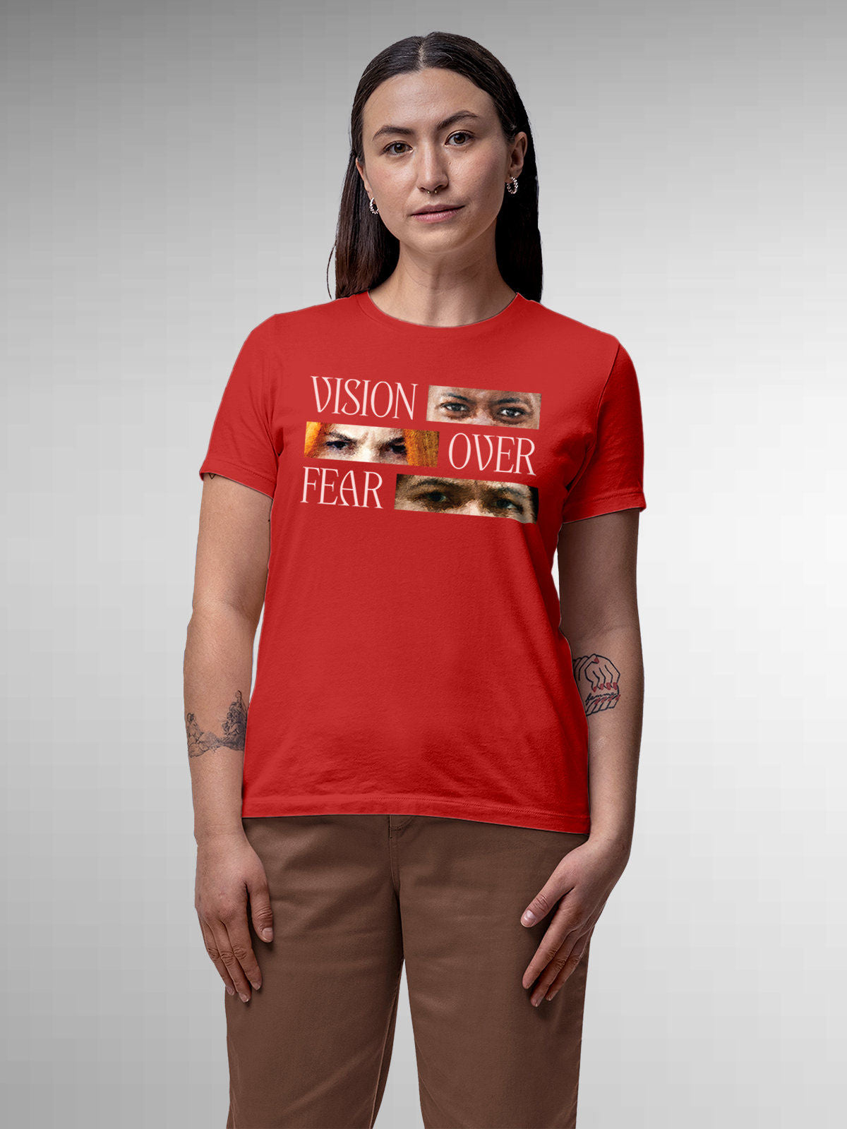 Model wearing Women's Red Round Neck T-shirt with 'Vision Over Fear' design, offering effortless style and premium comfort
