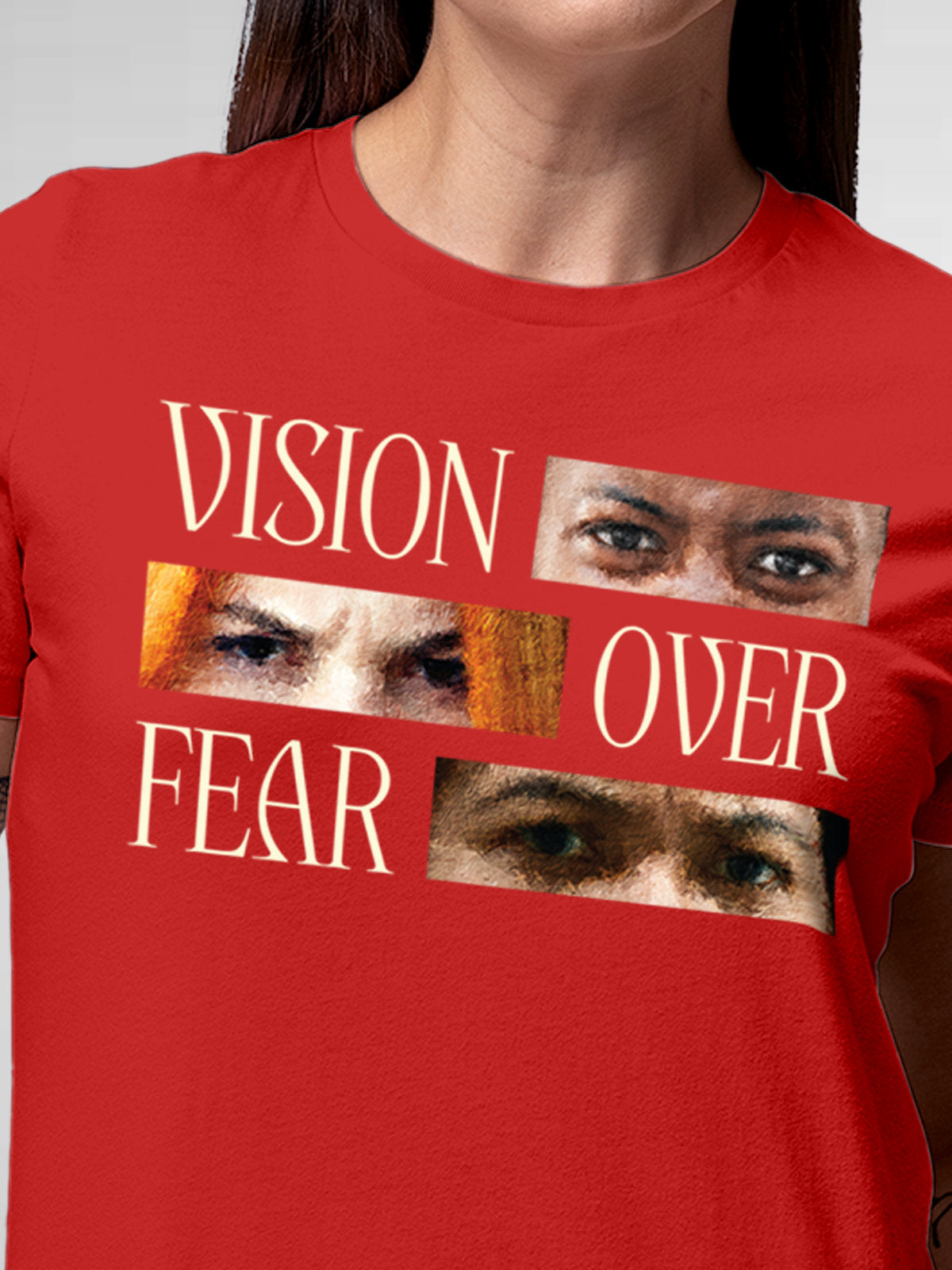 Close up of 'Vision Over Fear' design on Women's Red Round Neck T-shirt, highlighting intricate details and vibrant print.
