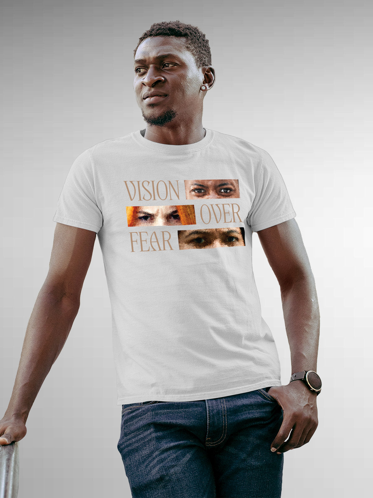 Model wearing Men's White Round Neck T-shirt with 'Vision Over Fear' design, offering effortless style and premium comfort