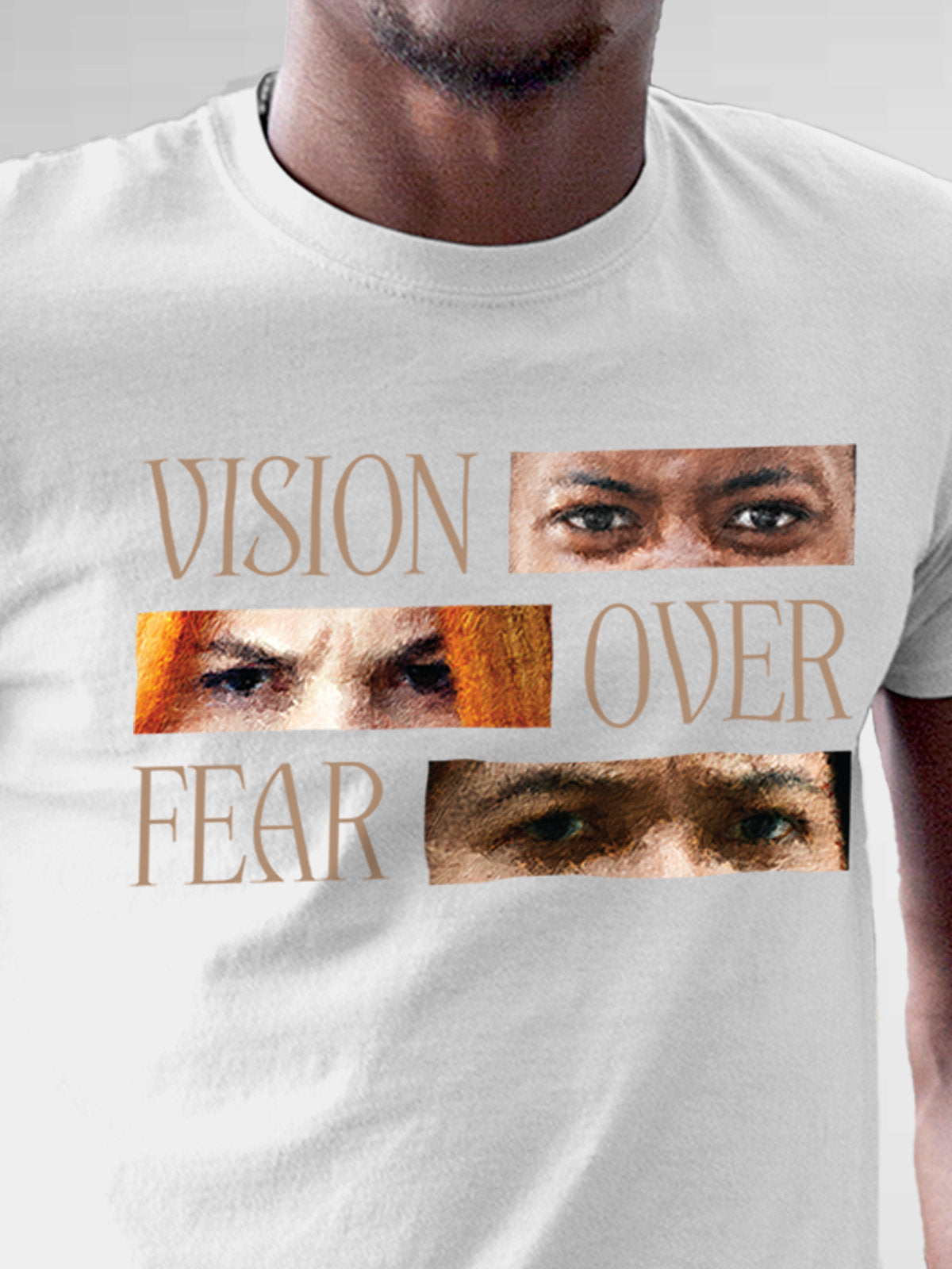 Close up of 'Vision Over Fear' design on Men's White Round Neck T-shirt, highlighting intricate details and vibrant print.