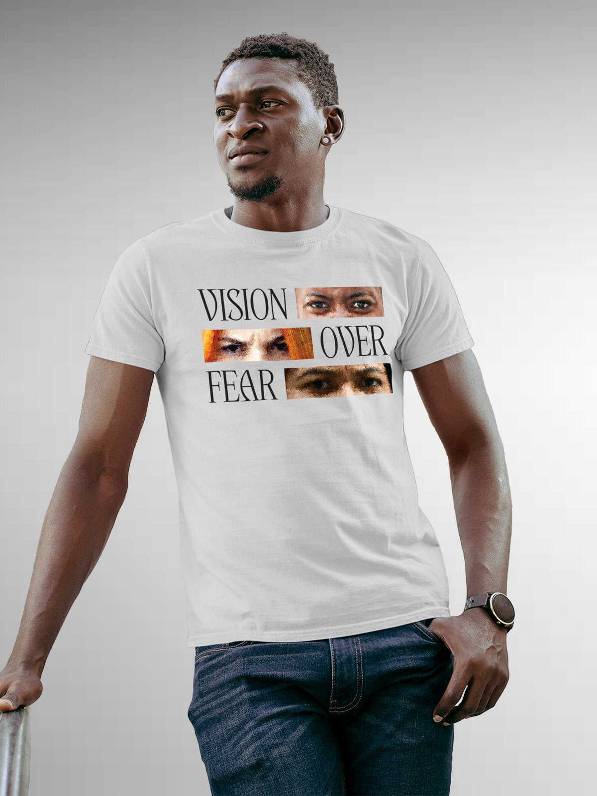 Fighterhero T-shirts: Model wearing Men's White Round Neck T-shirt with 'Vision Over Fear' design