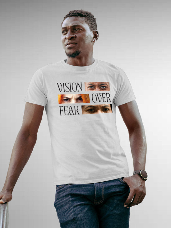 Fighterhero T-shirts: Model wearing Men's White Round Neck T-shirt with 'Vision Over Fear' design
