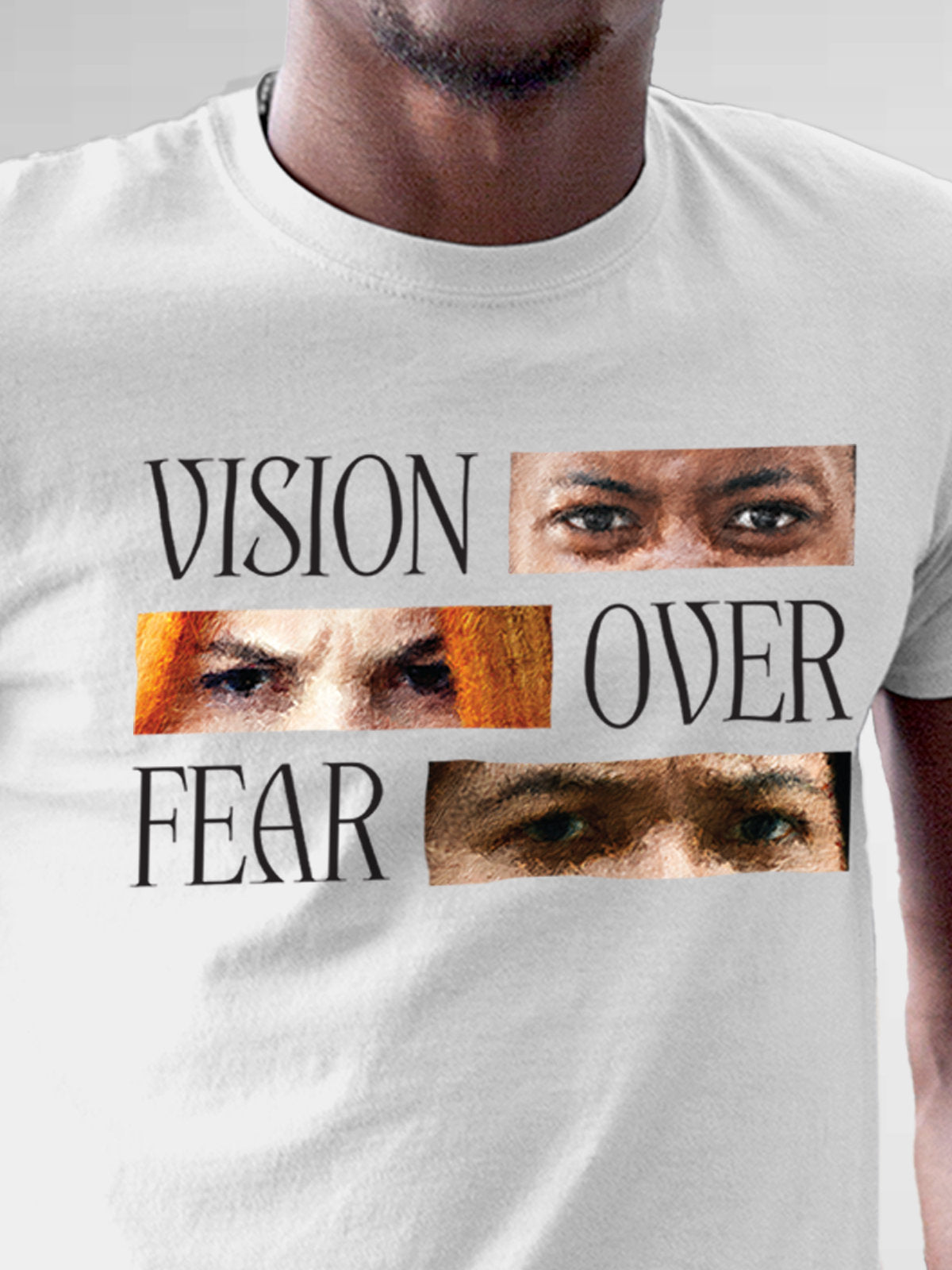 Close up of 'Vision Over Fear' design on Men's White Round Neck T-shirt, highlighting intricate details and vibrant print.