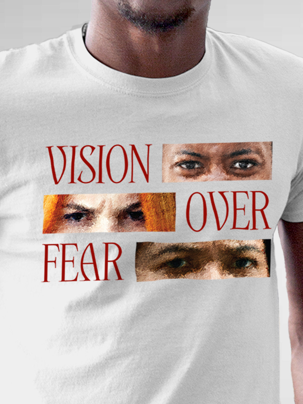 Close up of 'Vision Over Fear' design on Men's White Round Neck T-shirt, highlighting intricate details and vibrant print.