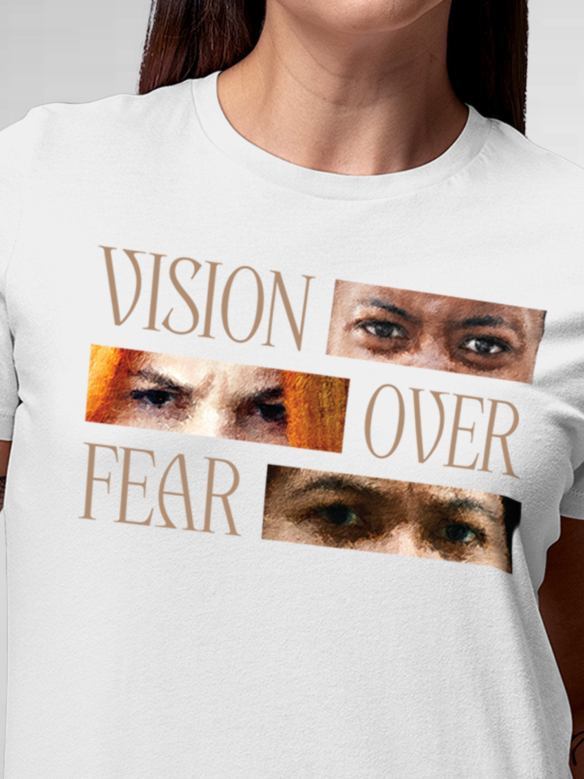 Close up of 'Vision Over Fear' design on Women's White Round Neck T-shirt, highlighting intricate details and vibrant print.