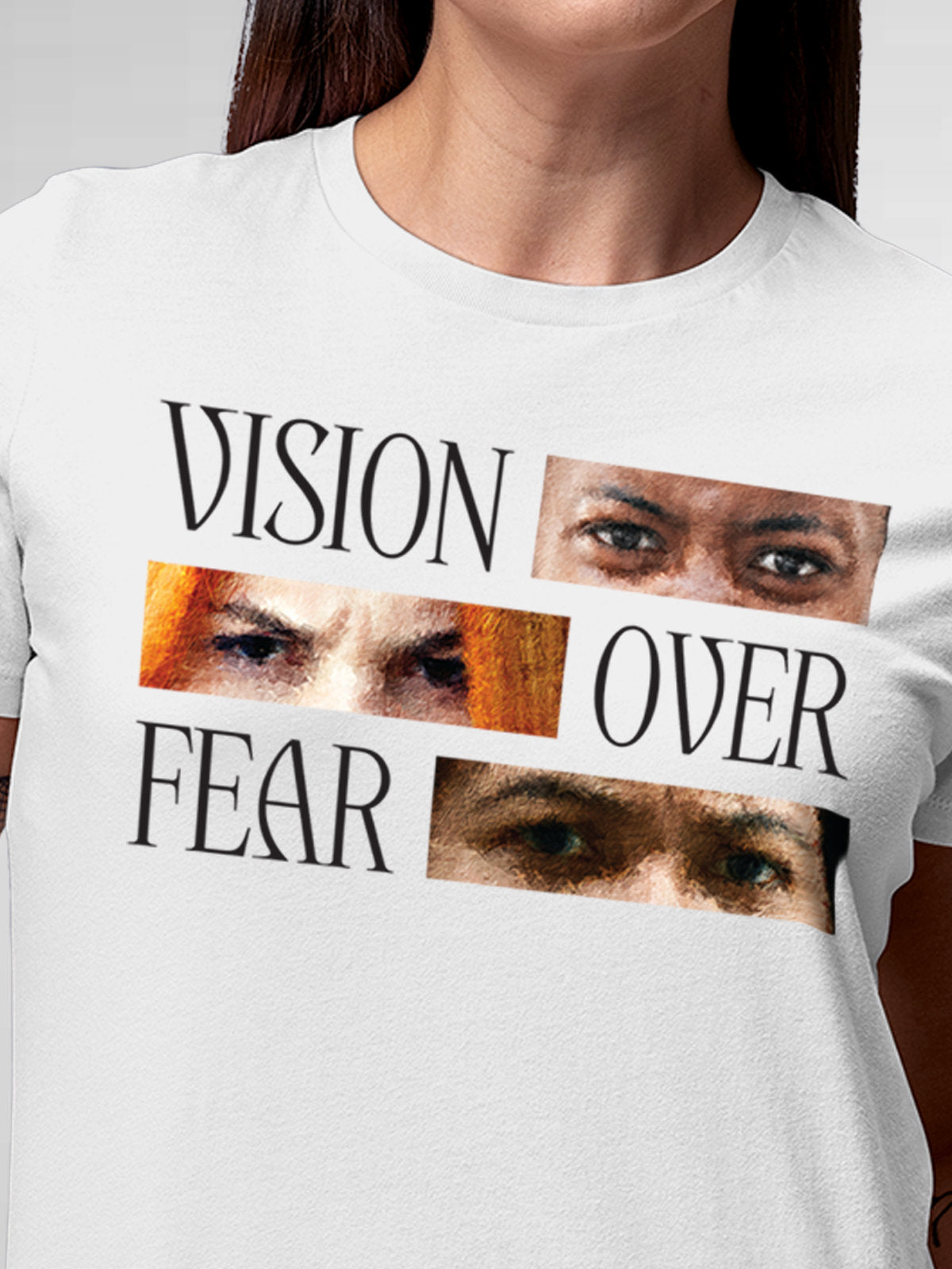 Close up of 'Vision Over Fear' design on Women's White Round Neck T-shirt, highlighting intricate details and vibrant print.