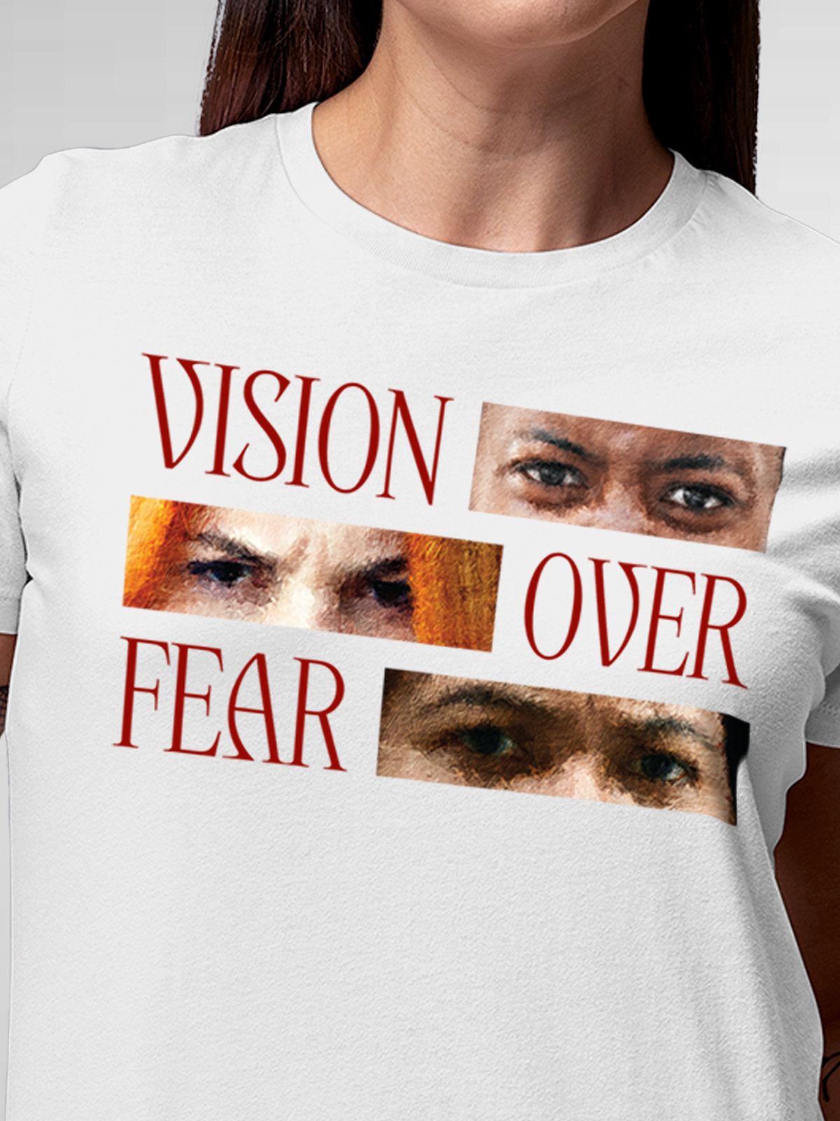 Close up of 'Vision Over Fear' design on Women's White Round Neck T-shirt, highlighting intricate details and vibrant print.