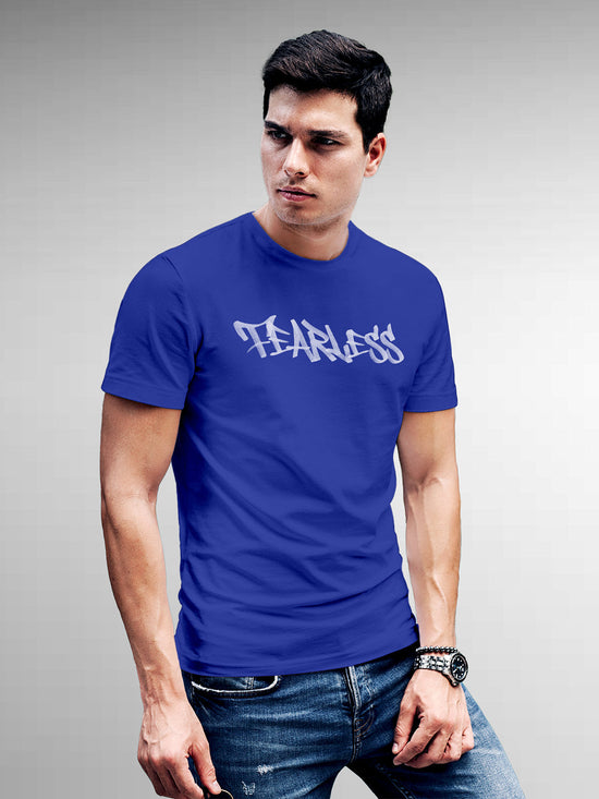Fighterhero T-shirts: Model wearing Men's Blue Round Neck T-shirt with 'Fearless' design