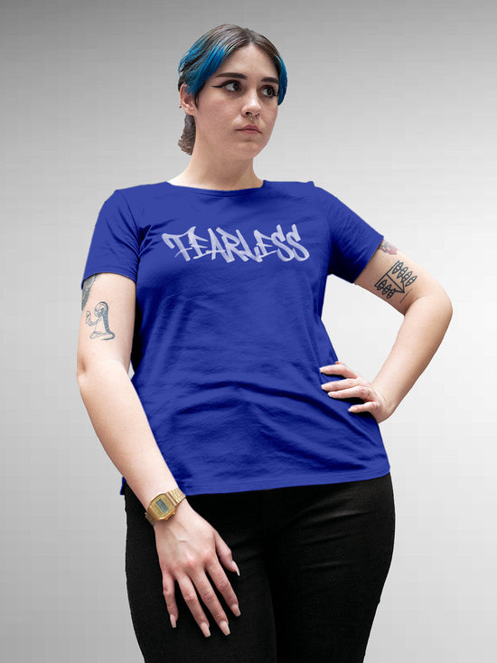 Fighterhero T-shirts: Model wearing Women's Blue Round Neck T-shirt with 'Fearless' design